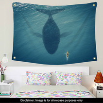 Man In A Boat Floats Next To A Big Fish Whale Wall Art 49510969