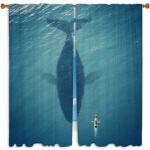 Man In A Boat Floats Next To A Big Fish Whale Window Curtains 49510969