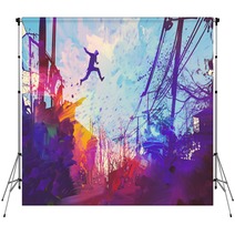 Man Jumping On The Roof In City With Abstract Grunge Illustration Painting Backdrops 108897876