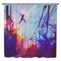 Man Jumping On The Roof In City With Abstract Grunge Illustration Painting Bath Decor 108897876