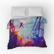 Man Jumping On The Roof In City With Abstract Grunge Illustration Painting Bedding 108897876