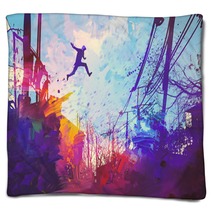 Man Jumping On The Roof In City With Abstract Grunge Illustration Painting Blankets 108897876