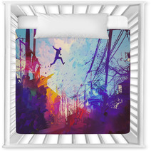 Man Jumping On The Roof In City With Abstract Grunge Illustration Painting Nursery Decor 108897876