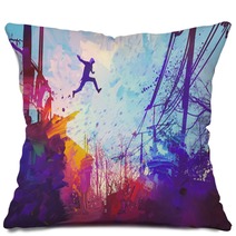 Man Jumping On The Roof In City With Abstract Grunge Illustration Painting Pillows 108897876