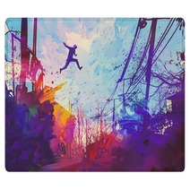 Man Jumping On The Roof In City With Abstract Grunge Illustration Painting Rugs 108897876