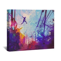 Man Jumping On The Roof In City With Abstract Grunge Illustration Painting Wall Art 108897876