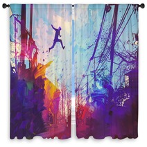 Man Jumping On The Roof In City With Abstract Grunge Illustration Painting Window Curtains 108897876