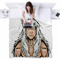 Man Native American Hunter Wolf Illustration Blankets 163534636