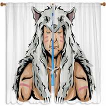 Man Native American Hunter Wolf Illustration Window Curtains 163534636