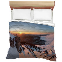 Man On Top As Silhouette In Mountain Bedding 93888316