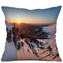 Man On Top As Silhouette In Mountain Pillows 93888316