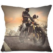 Man Seat On The Motorcycle On The City Bridge Pillows 66782524