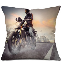 Man Seat On The Motorcycle On The City Bridge Pillows 66782528