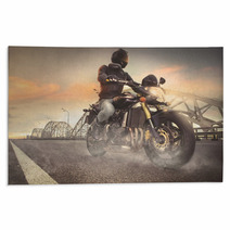 Man Seat On The Motorcycle On The City Bridge Rugs 66782524