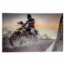 Man Seat On The Motorcycle On The City Bridge Rugs 66782528