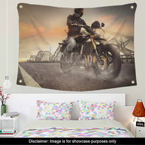 Man Seat On The Motorcycle On The City Bridge Wall Art 66782524