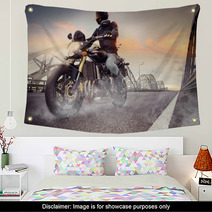 Man Seat On The Motorcycle On The City Bridge Wall Art 66782528