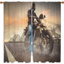 Man Seat On The Motorcycle On The City Bridge Window Curtains 66782524