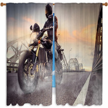 Man Seat On The Motorcycle On The City Bridge Window Curtains 66782528