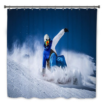 Man Snow Boarding In A Slope At Winter Bath Decor 79354420