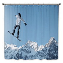 Man Snowboarding With Icy Mountain Background Bath Decor 66369995