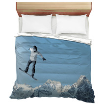 Man Snowboarding With Icy Mountain Background Bedding 66369995