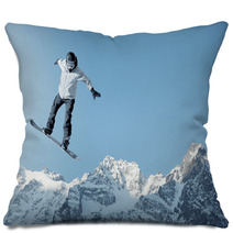 Man Snowboarding With Icy Mountain Background Pillows 66369995