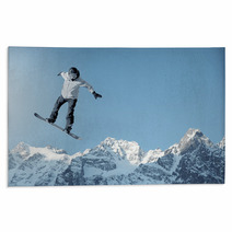 Man Snowboarding With Icy Mountain Background Rugs 66369995