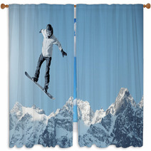 Man Snowboarding With Icy Mountain Background Window Curtains 66369995
