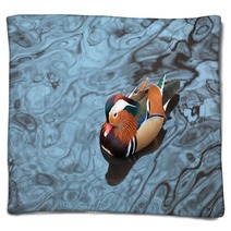 Mandarin Duck Floats In A Pond In Winter Day Blankets 80319810