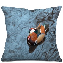 Mandarin Duck Floats In A Pond In Winter Day Pillows 80319810