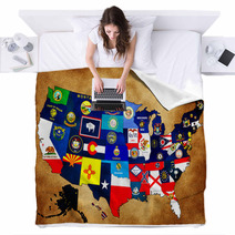 Map Of USA With State Flags Blankets 38292089
