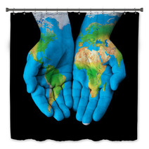 Map Painted On Hands Showing Concept  The World In Our Hands Bath Decor 46322831