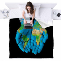 Map Painted On Hands Showing Concept  The World In Our Hands Blankets 46322831