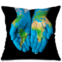 Map Painted On Hands Showing Concept  The World In Our Hands Pillows 46322831