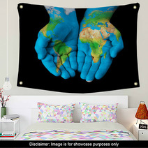 Map Painted On Hands Showing Concept  The World In Our Hands Wall Art 46322831