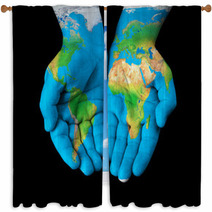 Map Painted On Hands Showing Concept  The World In Our Hands Window Curtains 46322831