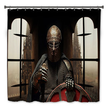 Medieval Khight In The Armor With The Sword And Helmet Bath Decor 60347412