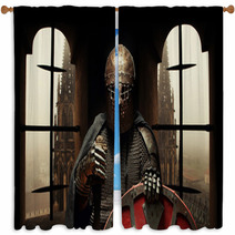 Medieval Khight In The Armor With The Sword And Helmet Window Curtains 60347412