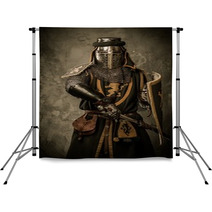Medieval Knight With Sword And Shield Against Stone Wall Backdrops 48836912