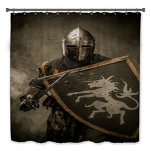 Medieval Knight With Sword And Shield Against Stone Wall Bath Decor 48836901