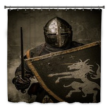 Medieval Knight With Sword And Shield Against Stone Wall Bath Decor 48836905
