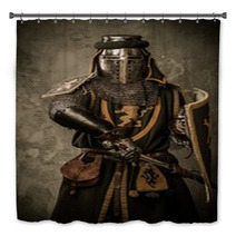 Medieval Knight With Sword And Shield Against Stone Wall Bath Decor 48836912