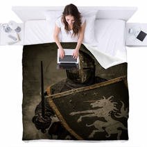 Medieval Knight With Sword And Shield Against Stone Wall Blankets 48836905