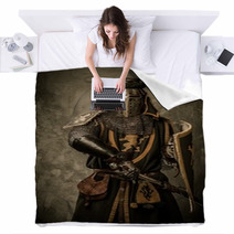 Medieval Knight With Sword And Shield Against Stone Wall Blankets 48836912