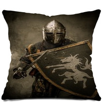 Medieval Knight With Sword And Shield Against Stone Wall Pillows 48836901