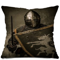 Medieval Knight With Sword And Shield Against Stone Wall Pillows 48836905
