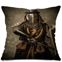 Medieval Knight With Sword And Shield Against Stone Wall Pillows 48836912