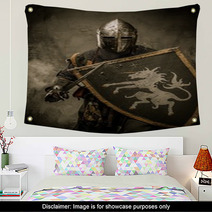 Medieval Knight With Sword And Shield Against Stone Wall Wall Art 48836901
