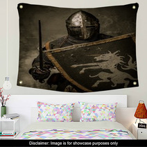 Medieval Knight With Sword And Shield Against Stone Wall Wall Art 48836905